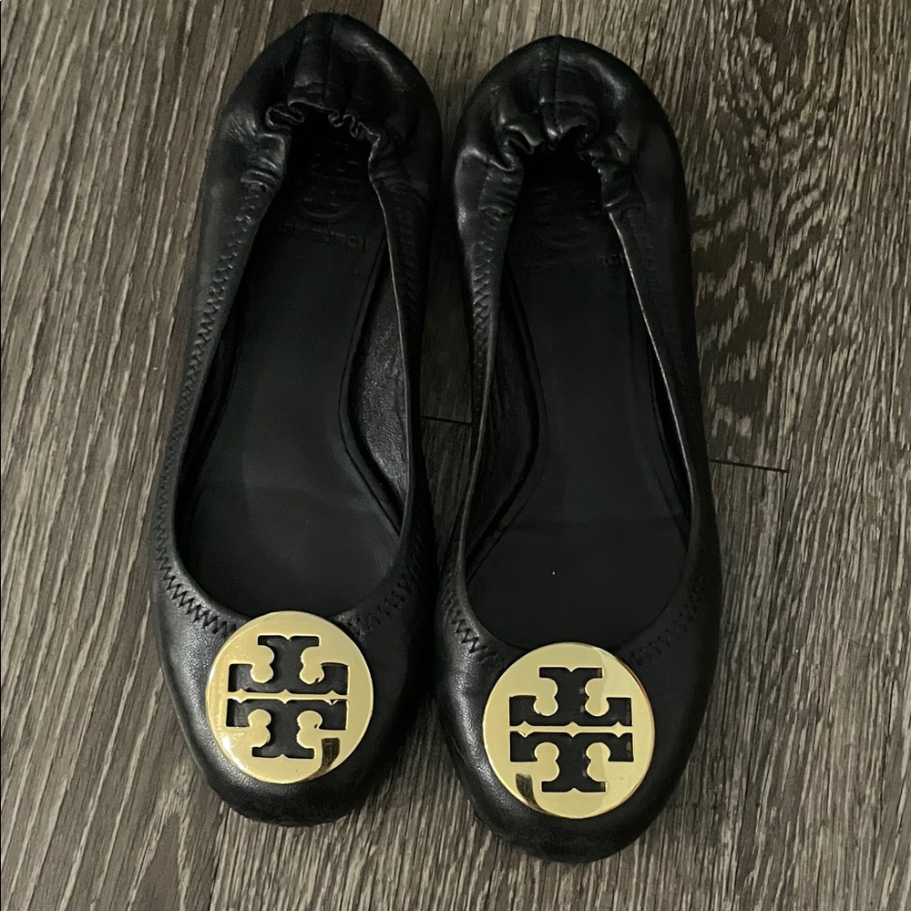 Tory Burch Black Flats with Gold Emblem